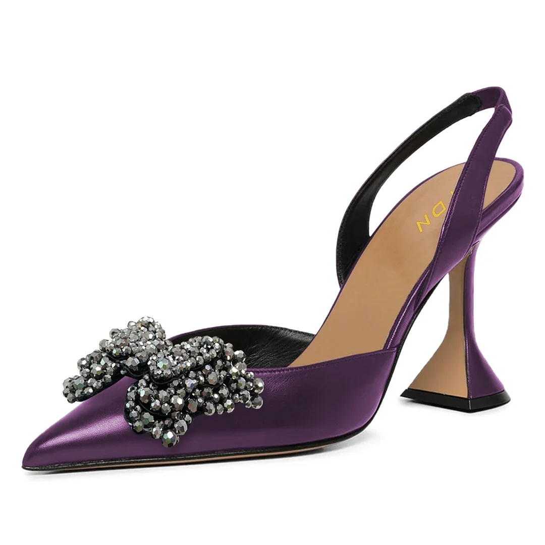 Metallic Purple Rhinestone Butterfly Flared Heel Pumps for Women