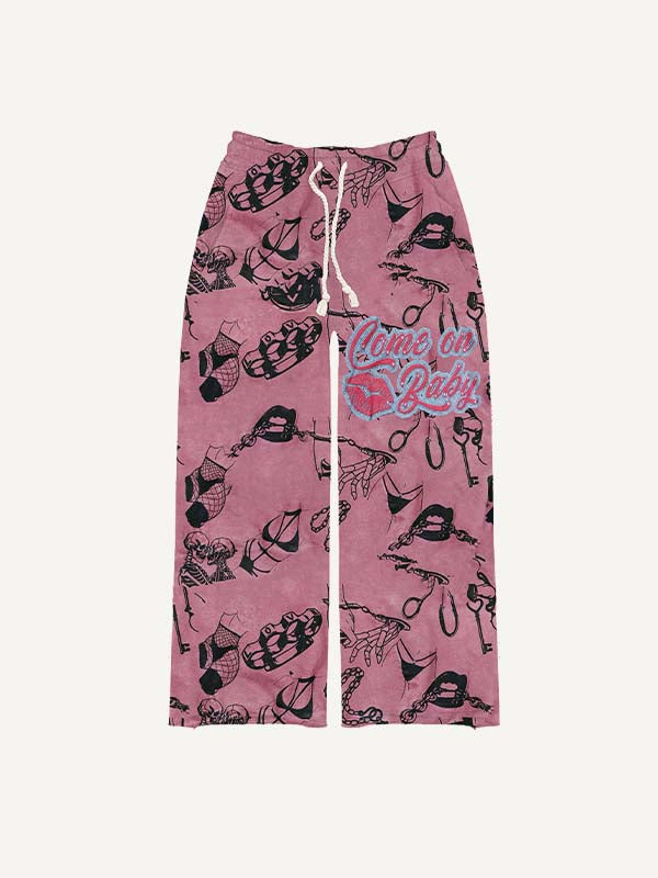 Skeleton&Lips&Graphic&Letter Faux Decal Print Elastic Waist Pants