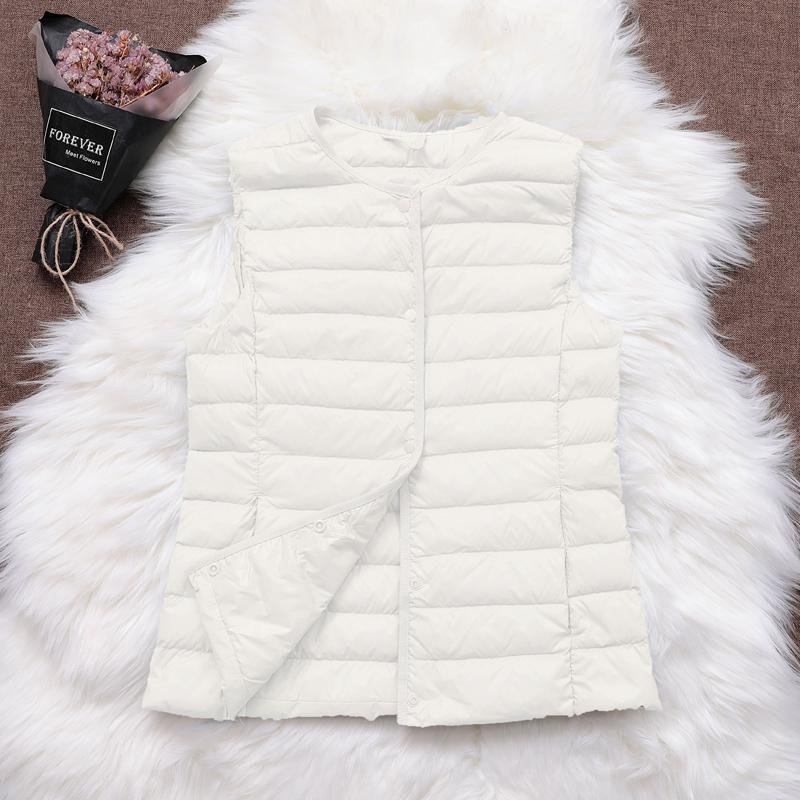FTLZZ New Ultra Light Vest Jacket Women 90% White Duck Down Thin Coat Sleeveless Vest Simplicity Style O-Collar Warm Outwear