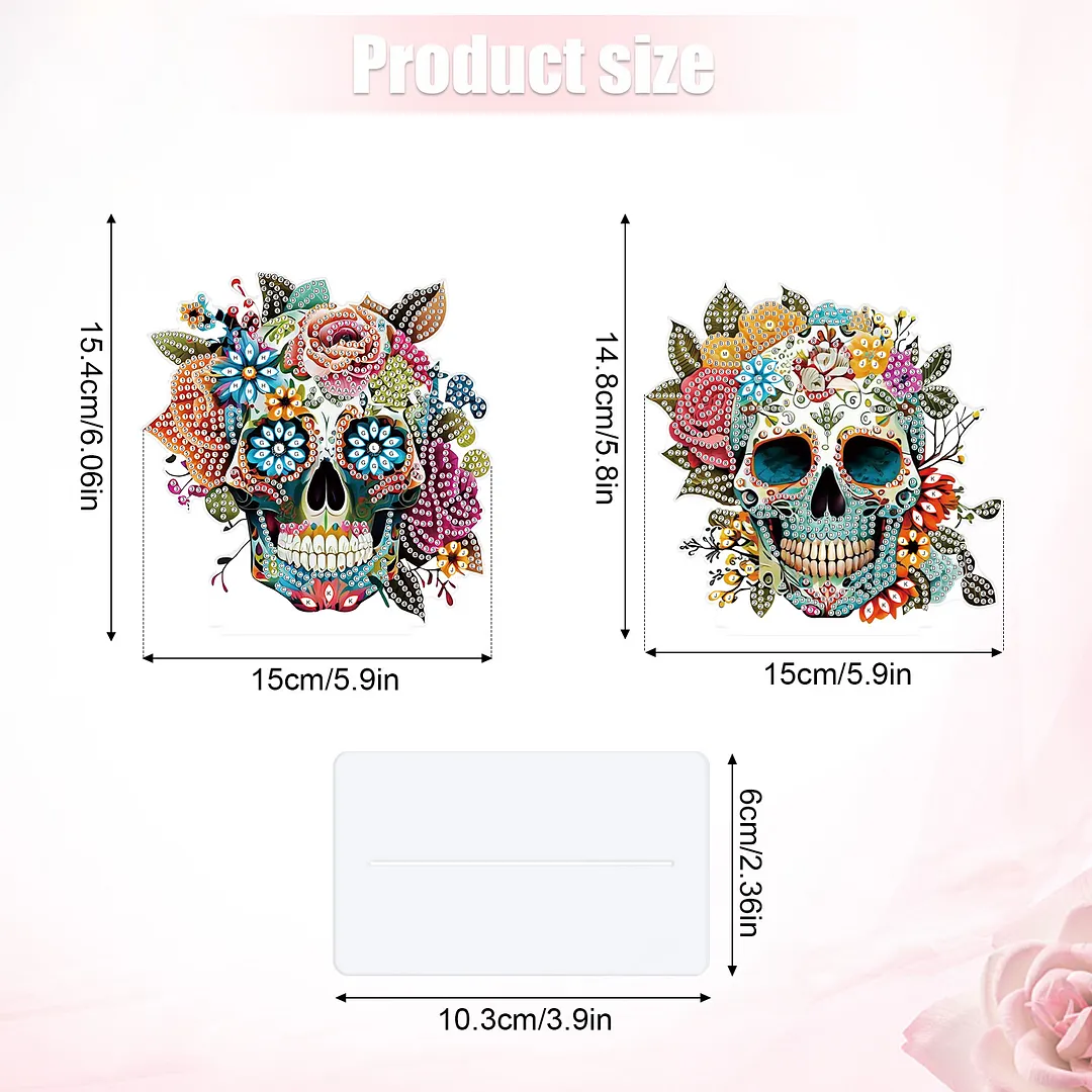 2Pcs DIY Diamond Art Tabletop Ornaments Reusable Special Gem Rhinestone Mosaic Craft Multi-Purpose Diamonds Art Suncatchers Flowers Gift for Craft Lovers (Flowers Skulls)