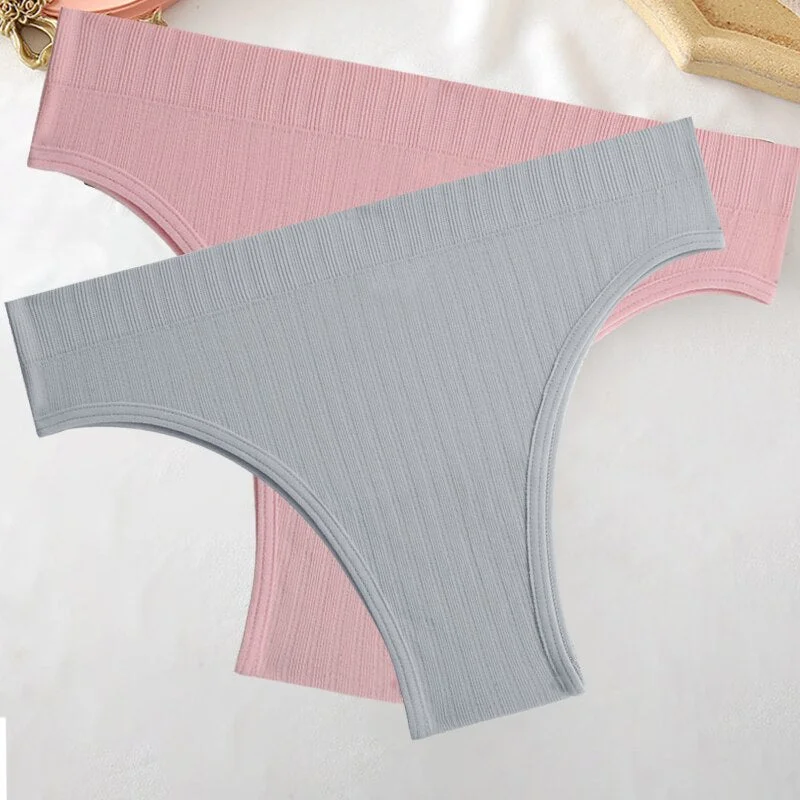 FINETOO 2PCS/Set M-XL Women Seamless Pantys 9 Solid Colors Sexy Brazilian Panties  Midi-Waist Underpants For Girls Fashion Thong