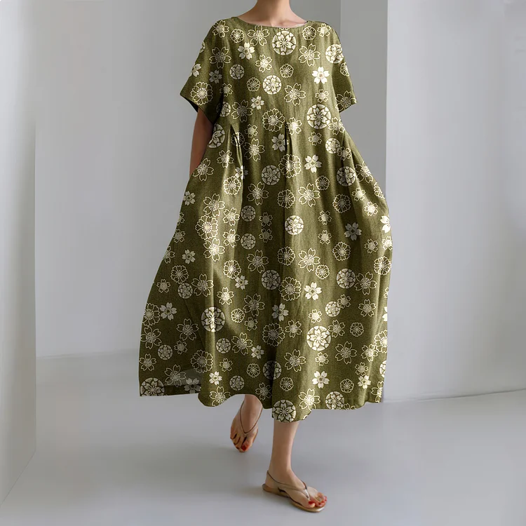 Japanese Cherry Blossoms Art Linen Blend Casual Dress