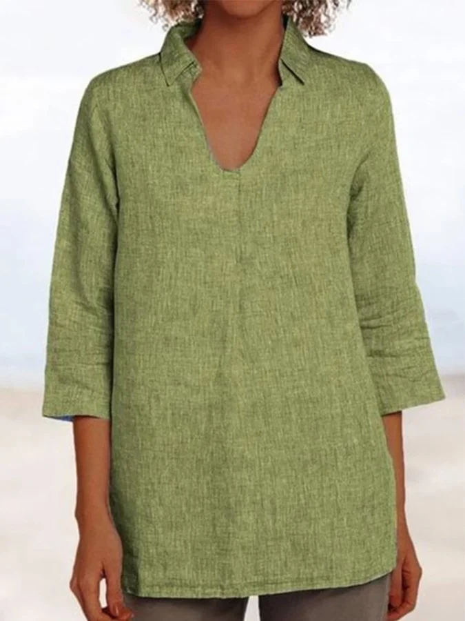 Ladies V-Neck Loose Casual Cotton Linen Shirt