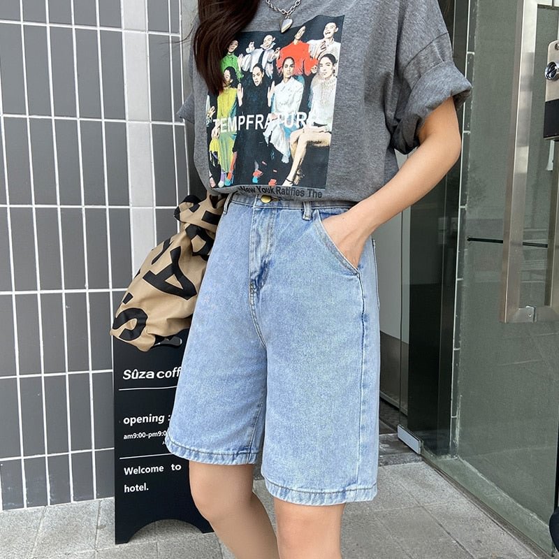 Ailegogo New Summer Women High Waist Wide Leg Black Denim Shorts Casual Female Loose Straight Button Jeans Bermuda Shorts