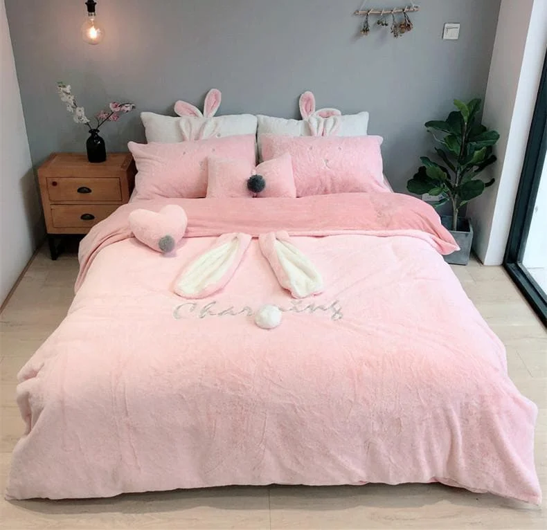 4 Colors Pastel Bunny Coral Velvet Bedding Sheet S13039