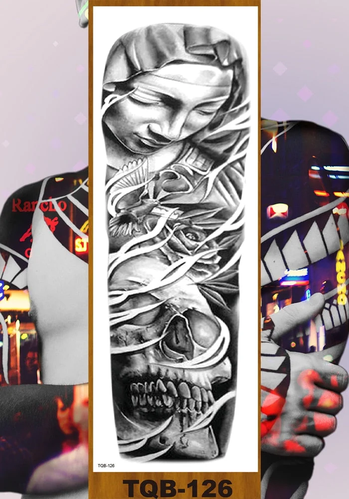 Full Flower Arm Temporary Tattoo Sticker Man Woman Body Leg Fake Tatoo Skull Night Demon Grim Reaper Good and Evil Waterproof