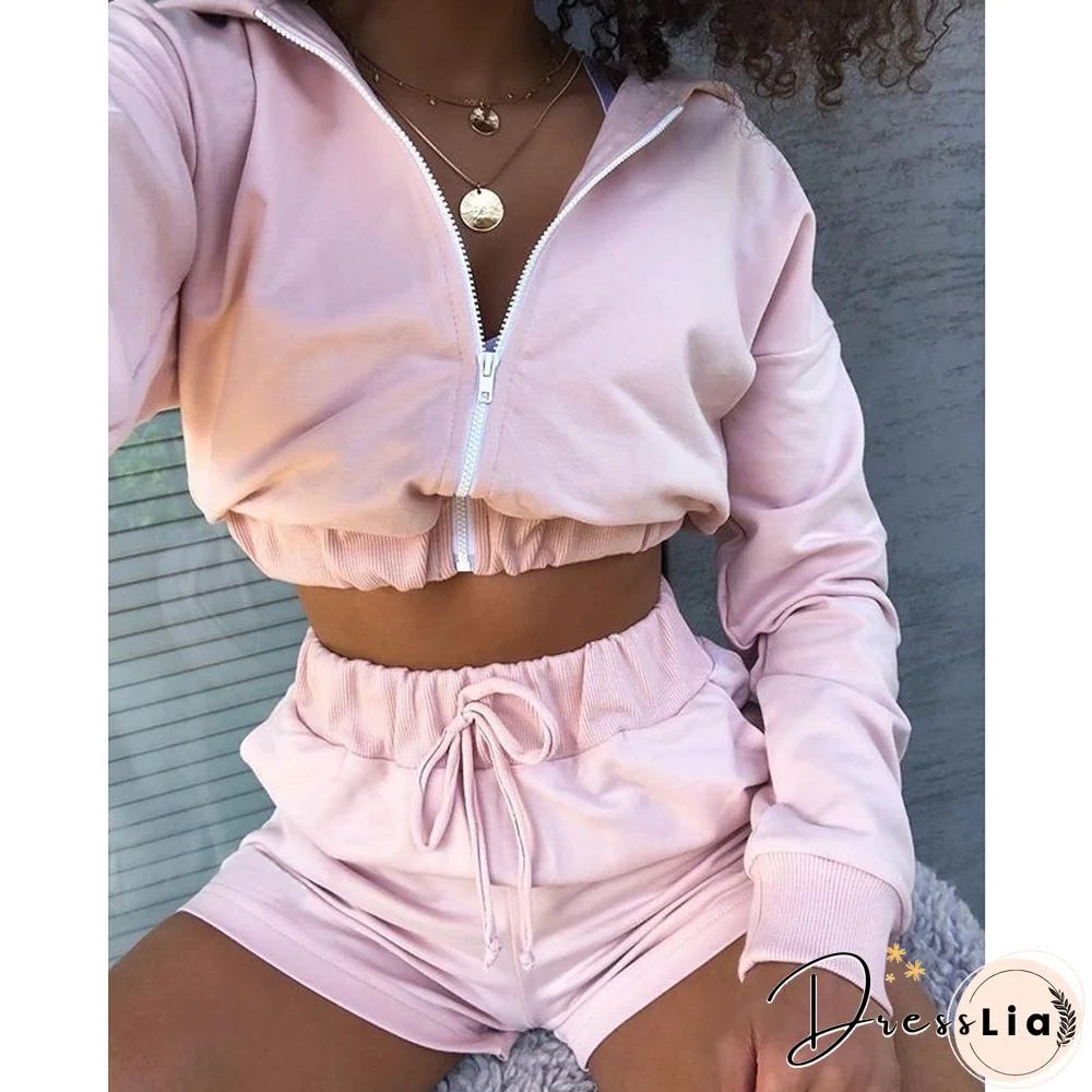 Women Autumn Sexy Solid Outfits New Hooded Zipper Long Sleeve Short Sweatshirts + Sports Shorts Suits Casual Tracksuits 2Pcs Set