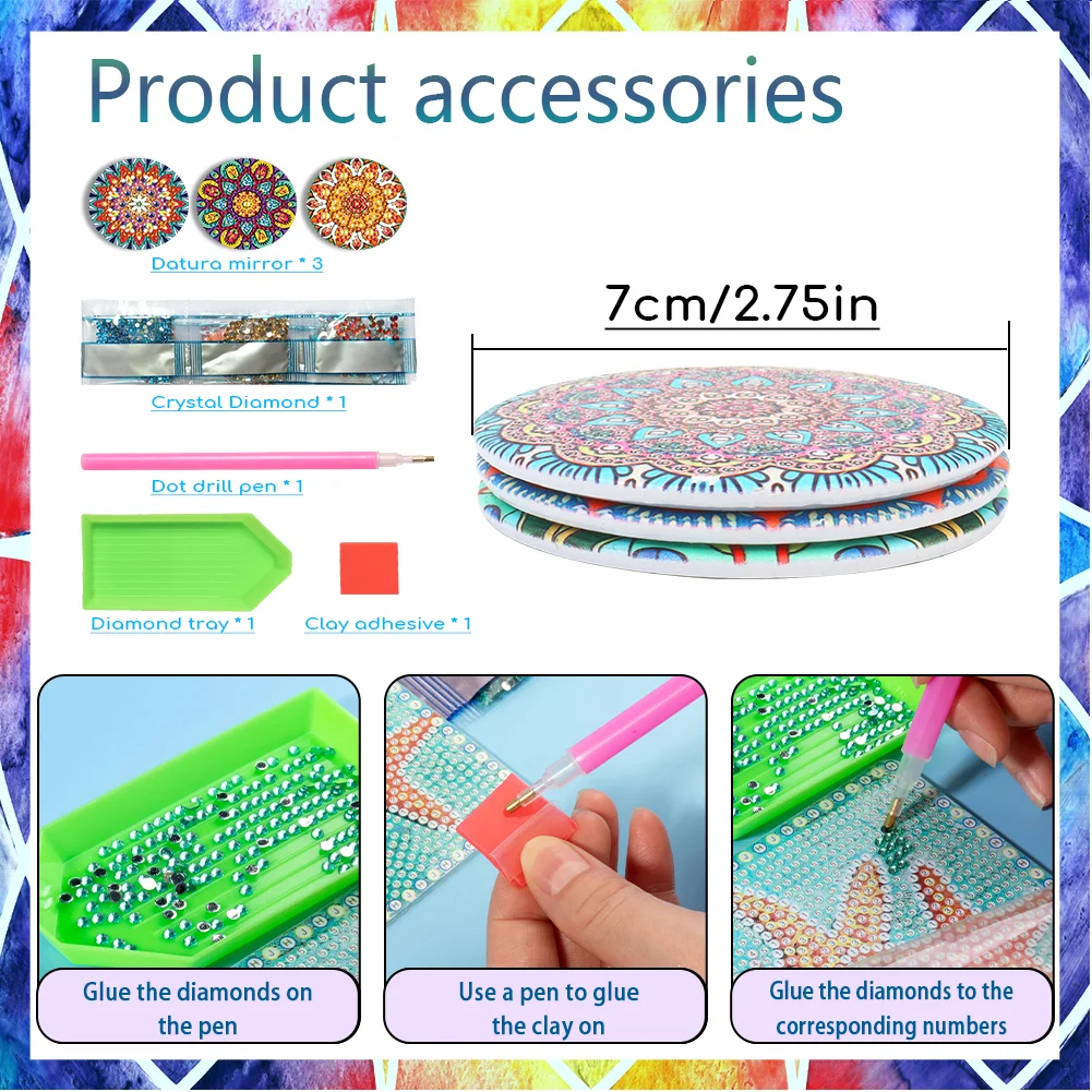 3pcs Diamond Painting Makeup Mirror Portable DIY Datura for Girl