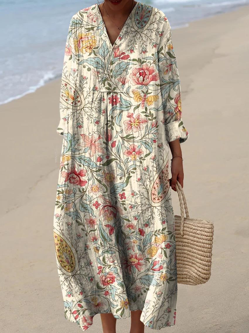 Women's Vintage Lovely Floral Art Print Flowy Dress