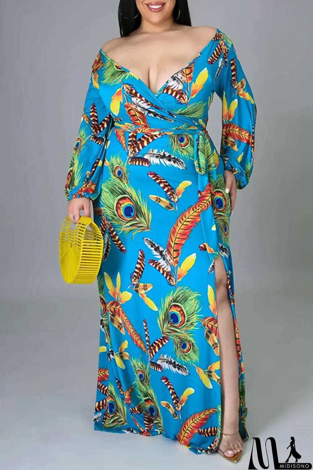 MidiSono - Blue Fashion Sexy Print Slit V Neck Long Sleeve Plus Size Dresses