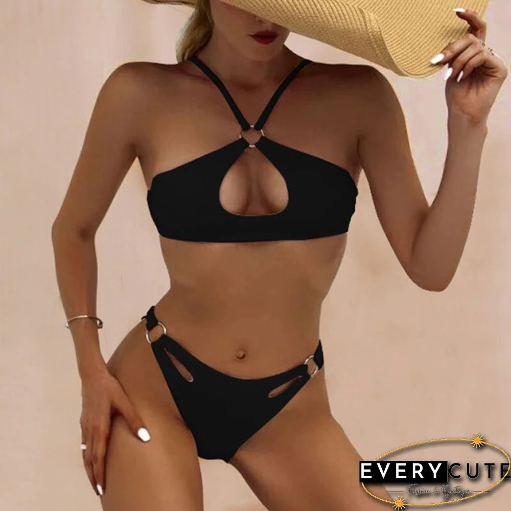 Two Piece Sexy Backless Vacation Bikinis Set Women Solid Hollow Out Ring Swimwear Fashion Simple Push Up Beachwear Bathing Suits