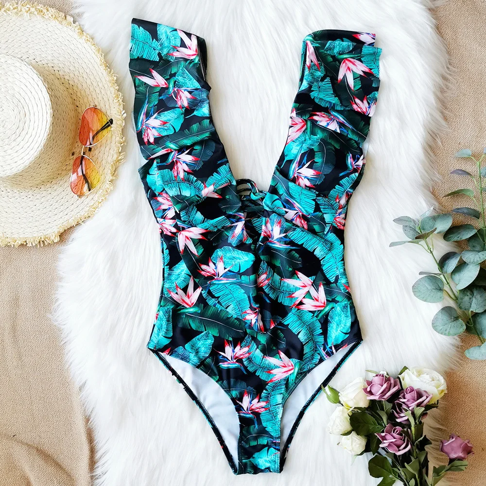 Zingj Printed Flowers Even Lotus Leaf Side Body Swimsuit Women 2025 New Swimsuit Bare Back