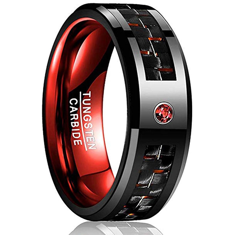 4MM 6MM 8MM 10MM Womens Mens RedBlack Tungsten Carbide Matching Rings with CZ Inlay Carbon Fiber Couple Wedding Band Beveled Edge For Women Men Rings