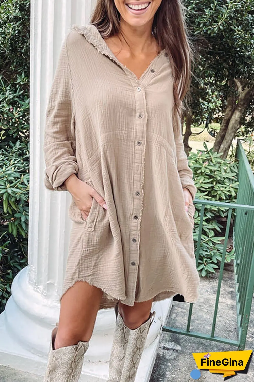 Button Pockets Shirt Mini Dress
