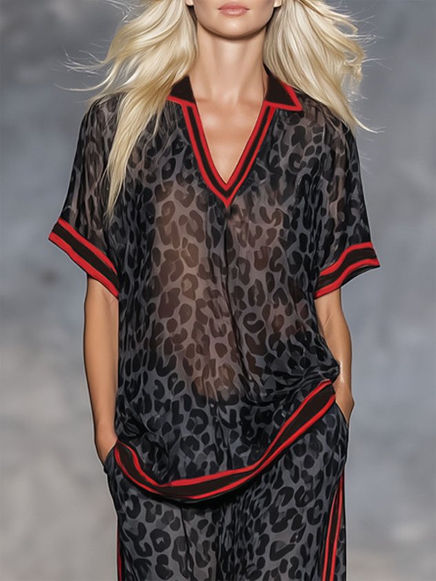 Casual Leopard Printing Shawl Collar Blouse mysite idetrend