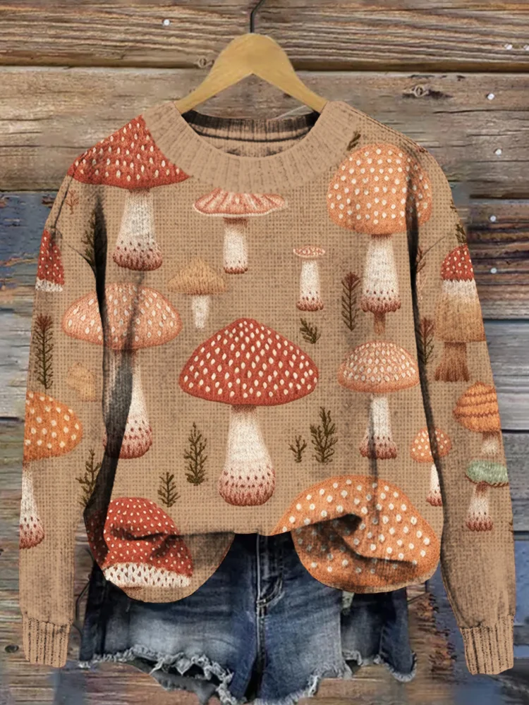 🔥kukelife🔥Cute Mushrooms Embroidery Art Comfy Knit Sweater