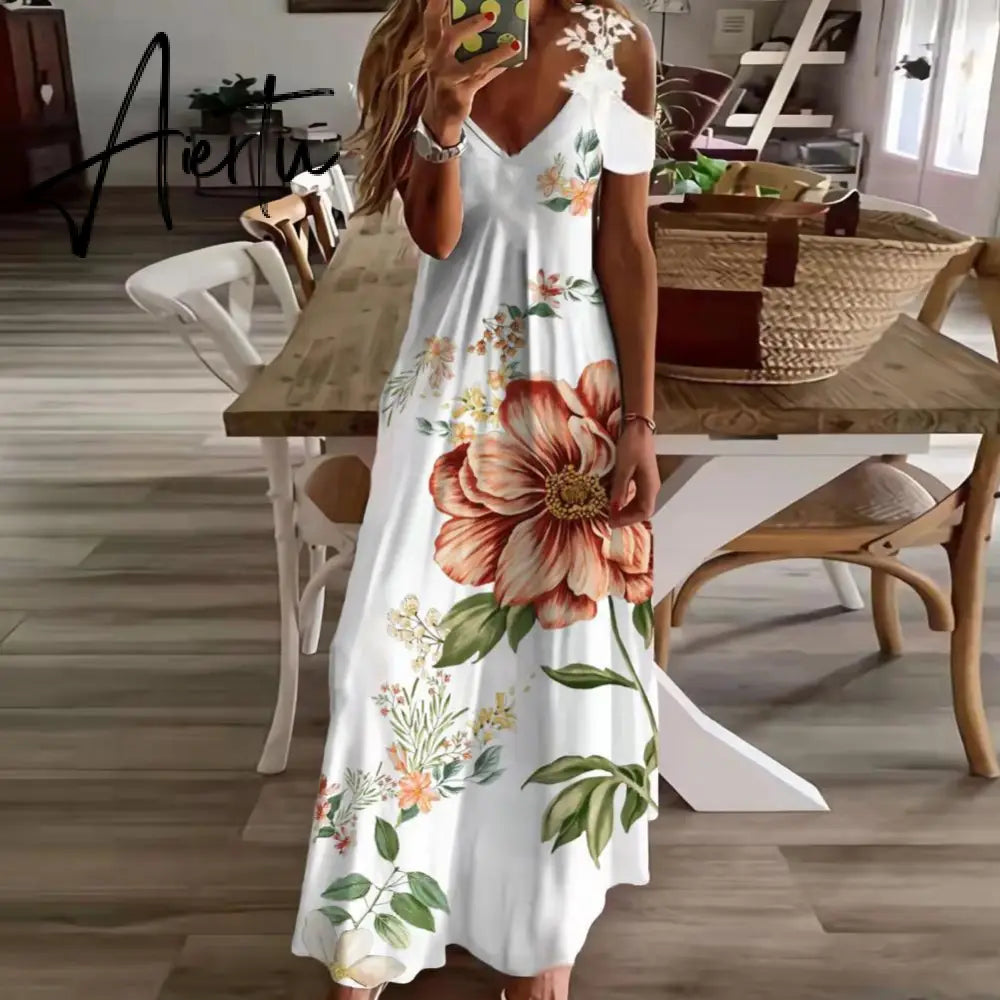Women Summer Boho Long Dresses Sexy V-Neck Off Shoulder Hollow Out Floral Print Dress Casual Beach Short Sleeve Robe Vestidos Aiertu