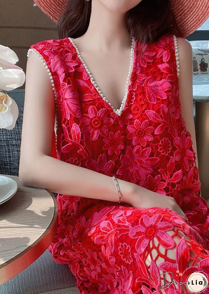 Natural Red V Neck Hollow Out Lace Long Dress Summer