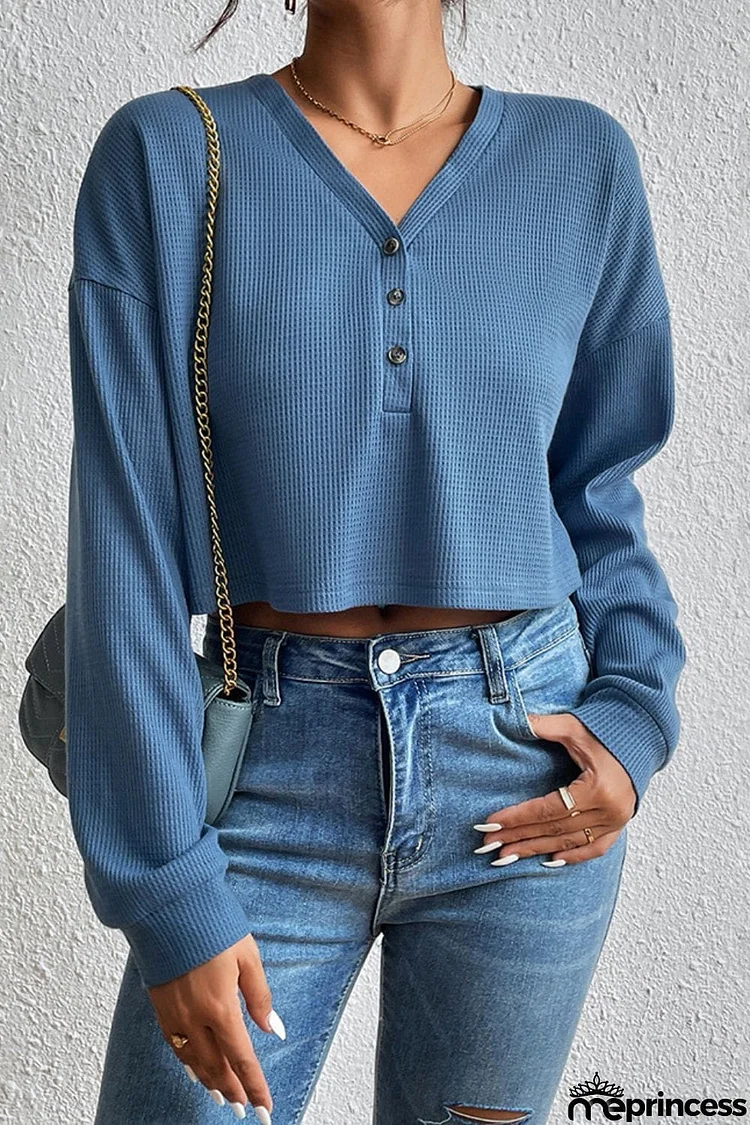 Cropped V-Neck Raglan Sleeve Buttoned Blouse