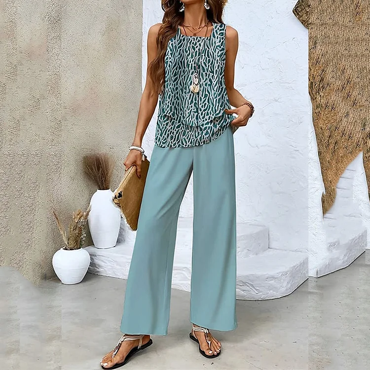 Utbros Leopard Print Sleeveless Double Layer Tank Pants Two Piece Set
