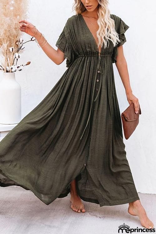 Button Drawstring Waist Bat Maxi Cover Dress