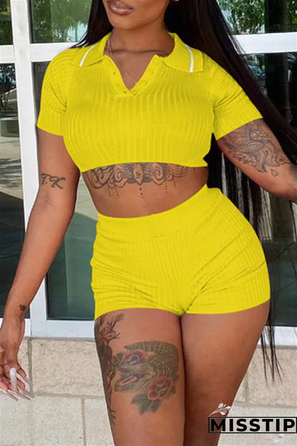 Black Fashion Casual Solid Basic Turndown Collar Short Sleeve Two Pieces