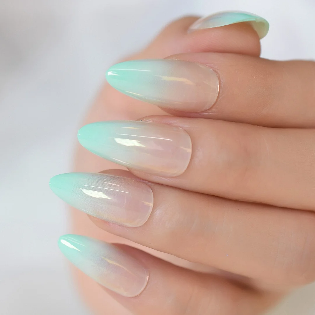 Ombre Green Fake Nails Metallic Shiny Style Clear Moo Almond Gradient Press On Fingernails Long Manicure Tips 24pcs-Nail Inspo