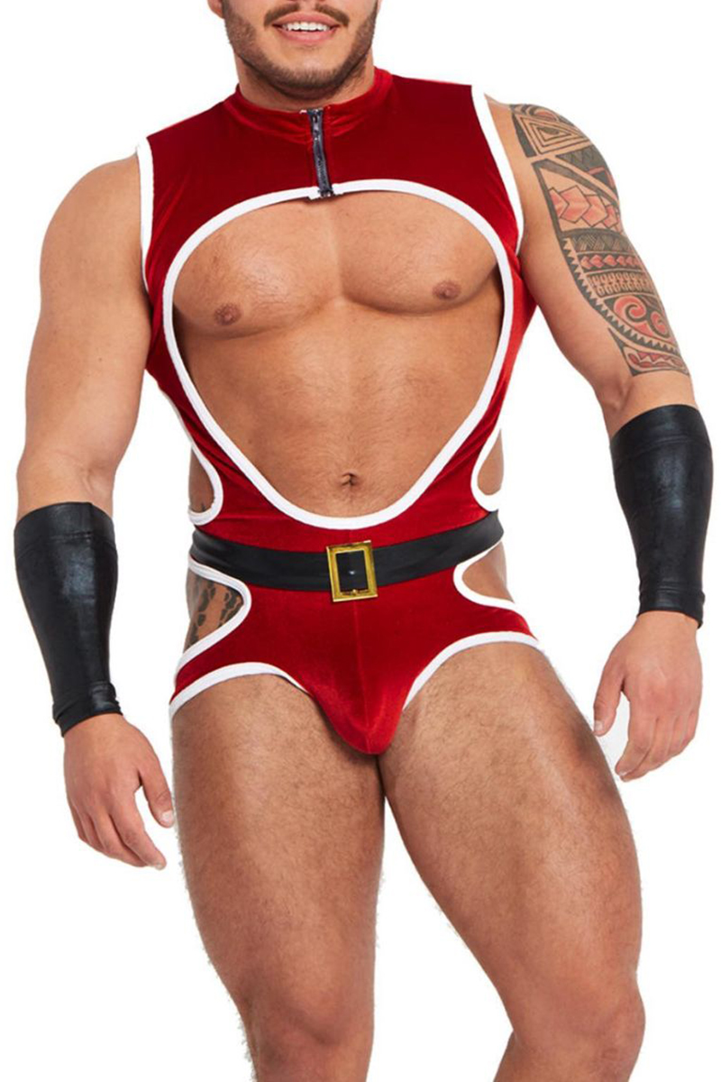 Christmas Colorblock Mock Neck Cut Out Velvet Stretchy Bodycon Bodysuit Without Gloves