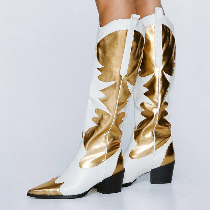 White & Gold Patchwork Pointy Toe Knee Cowgirl Boots with Block Heels