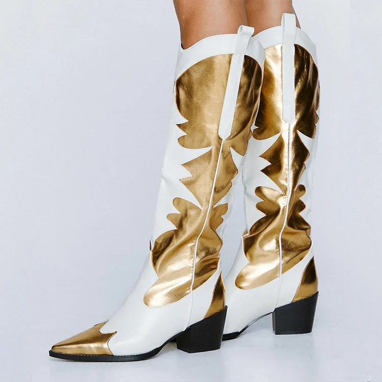 White & Gold Shoes Pointed Block Heels Western Boots Vintage Calf Boots |FSJ Shoes