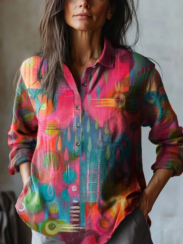 Abstract Dream Core Art Printed Women's Casual Cotton And Linen Shirt