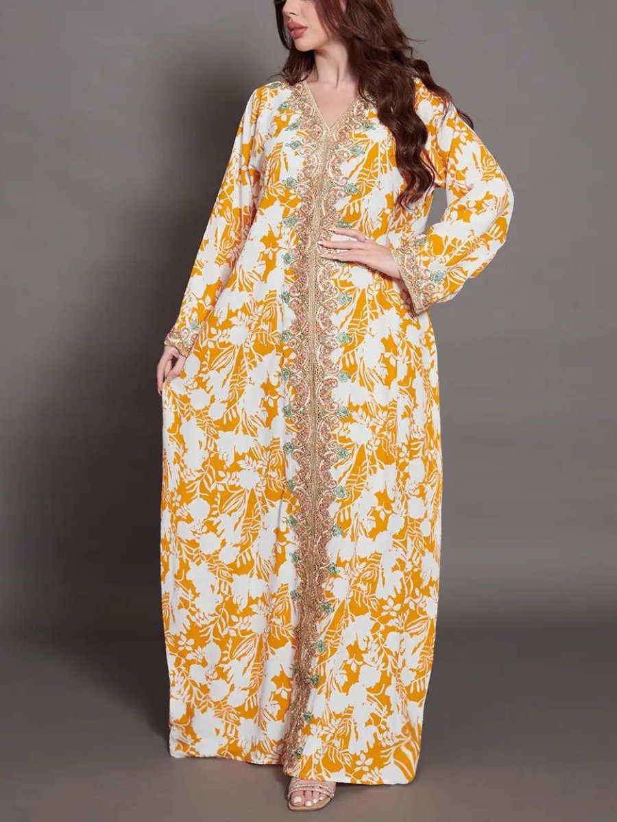 Vintage Print V Neck Long Sleeve Lady Abaya | Oxredo Shop Ramadan Sale