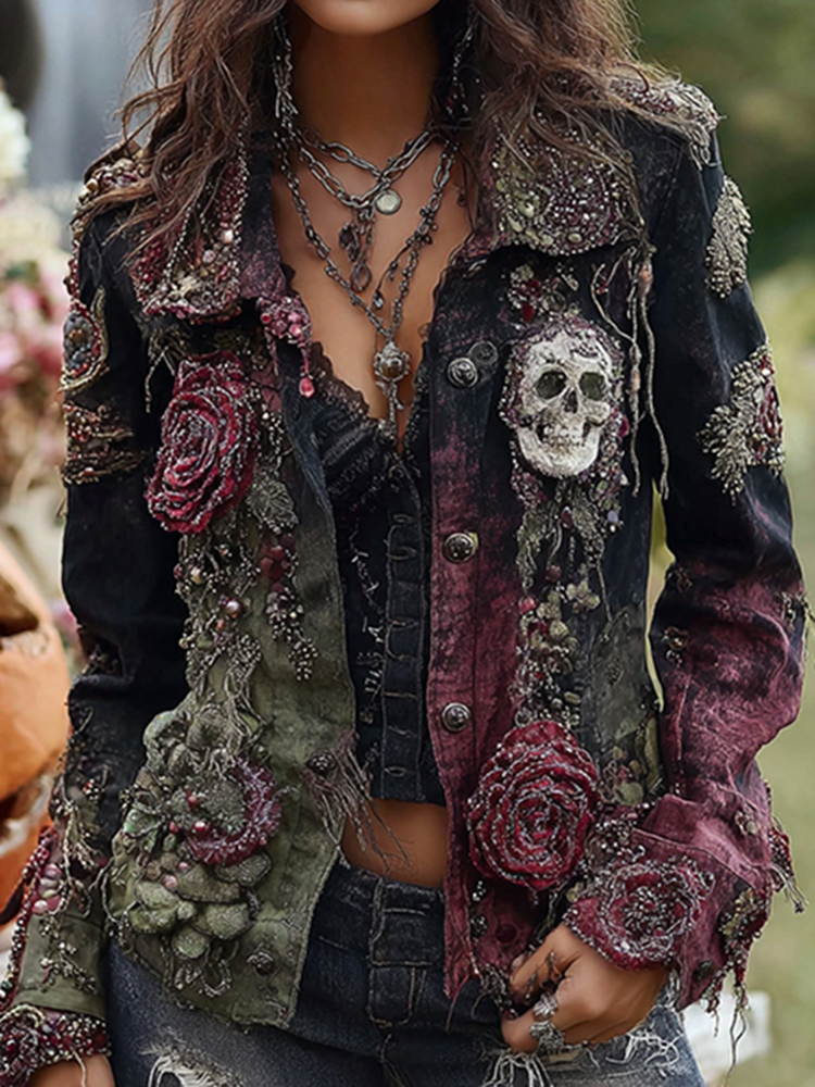 Rose Skull Embroidered Gothic Rough-contrast Denim Jacket