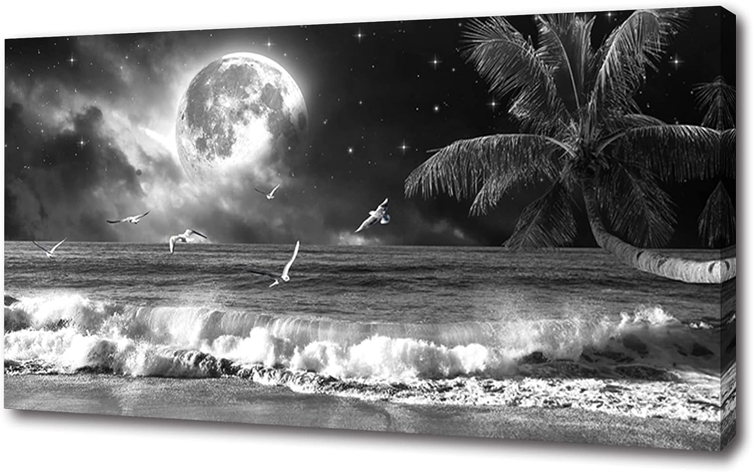 Yxbhhym large Black and White Beach Wall Art Moon Sea Ocean Prints Art Coast Canvas Pictures Paintings Seascape Poster Palm Artwork for Wall Office Decor living room Decoration Framed-30x60inches 30x60inches