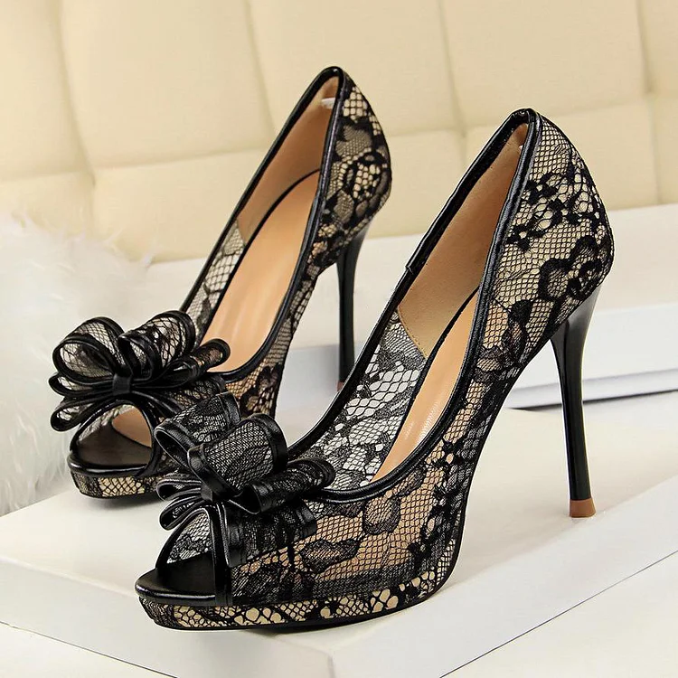 Custom Made Black Peep Toe Bow Embellished Lace Pumps Vdcoo