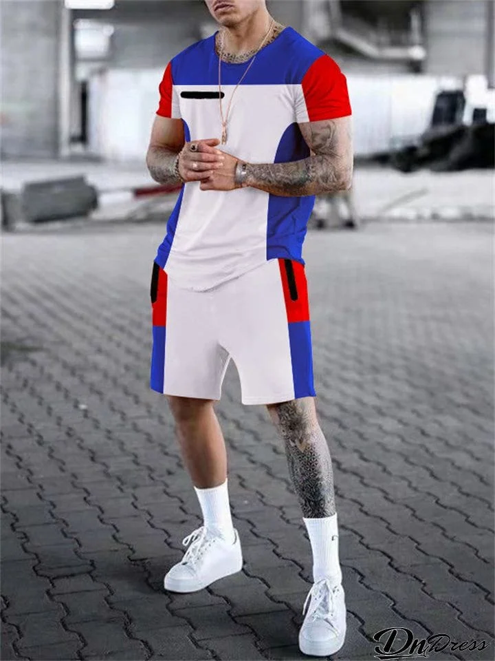 Male Trendy Contrast Color Round Neck Tops Shorts 2 Pieces Sets