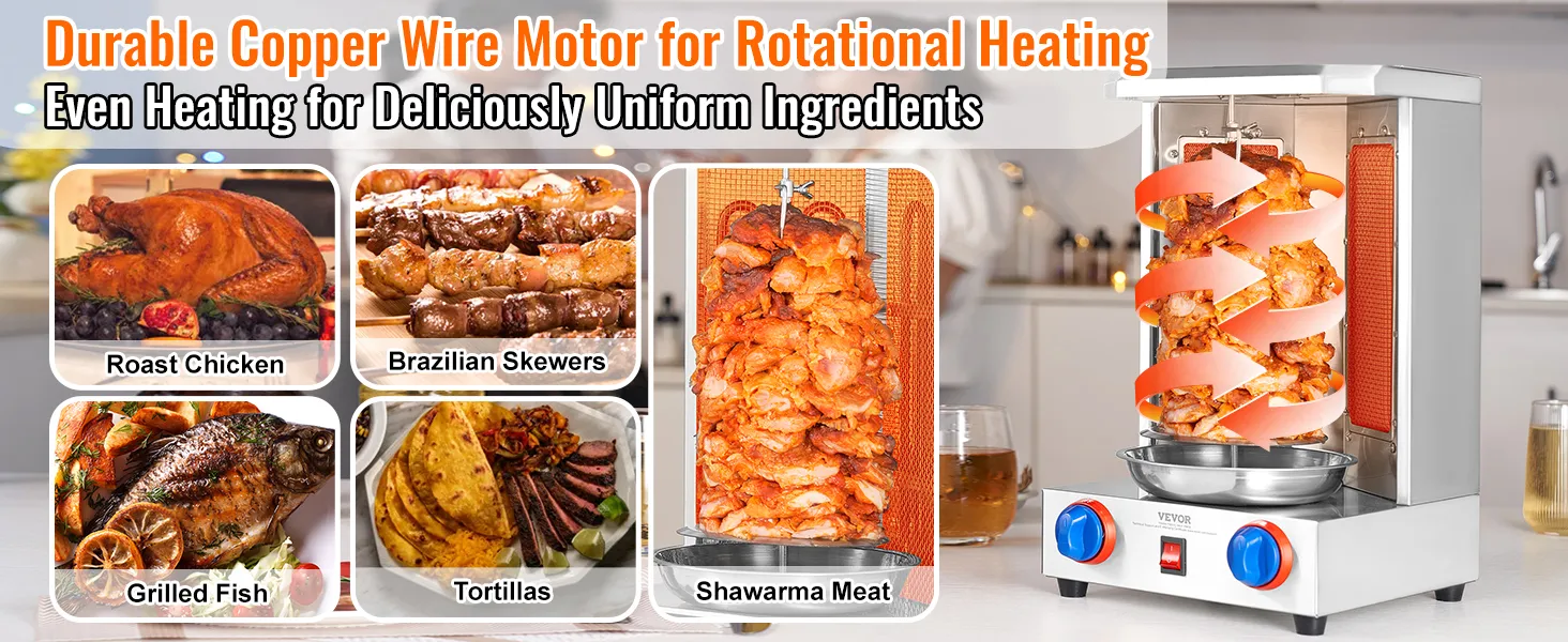 VEVOR shawarma grill machine with various grilled meats including chicken, fish, and brazilian skewers.