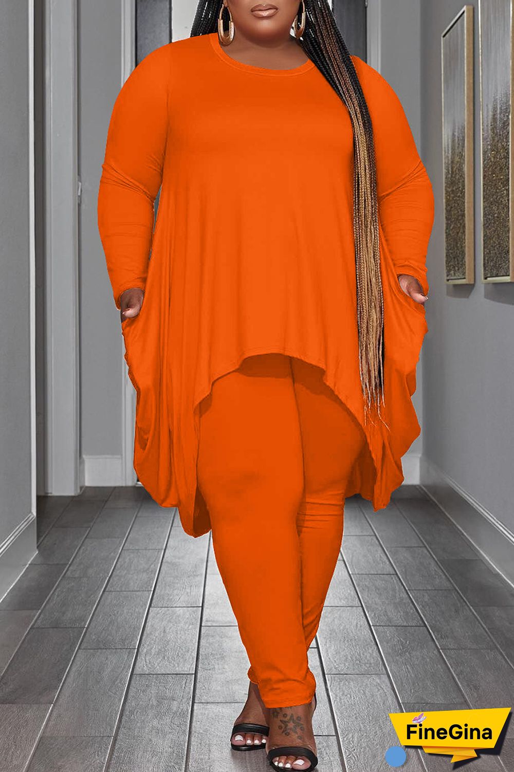 Black Casual Solid Asymmetrical O Neck Plus Size Two Pieces