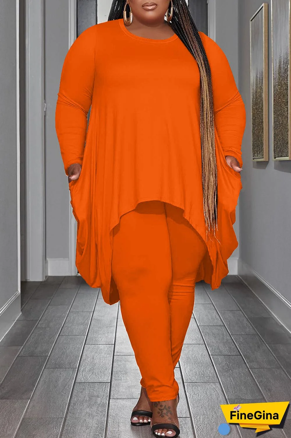 Black Casual Solid Asymmetrical O Neck Plus Size Two Pieces