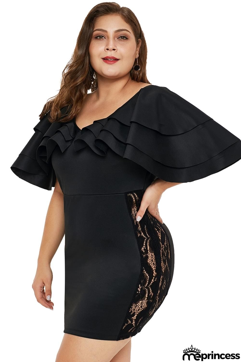 Cascading Shoulder Lace Insert Plus Size Dress