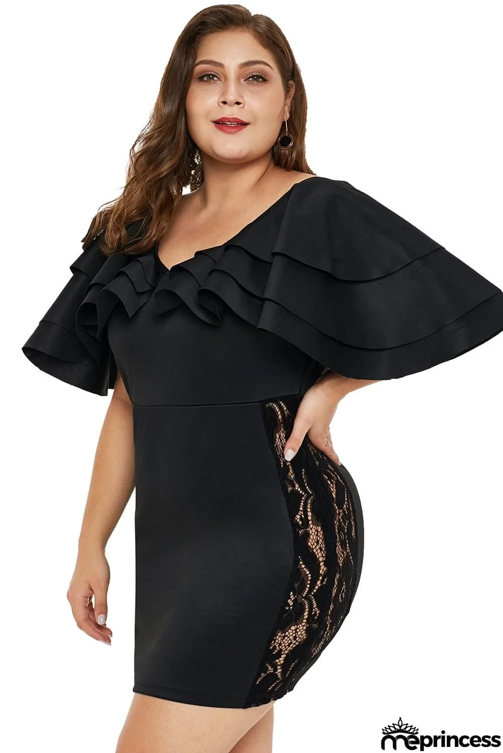 Cascading Shoulder Lace Insert Plus Size Dress