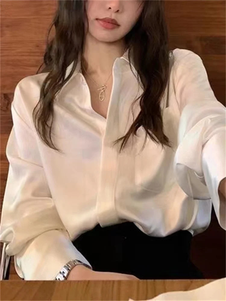 Aiertu Satin Women Sirt Spring Summer New Korean Fashion Turn Down Collar Long Sleeve Oversized Blouse Ladies Casual Top Aiertu