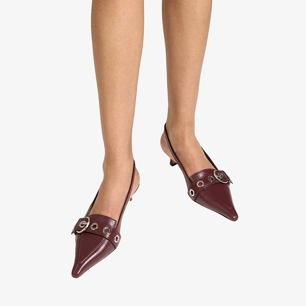 Maroon Pointed Toe Kitten Heel Buckled Slingback Pumps for Women
