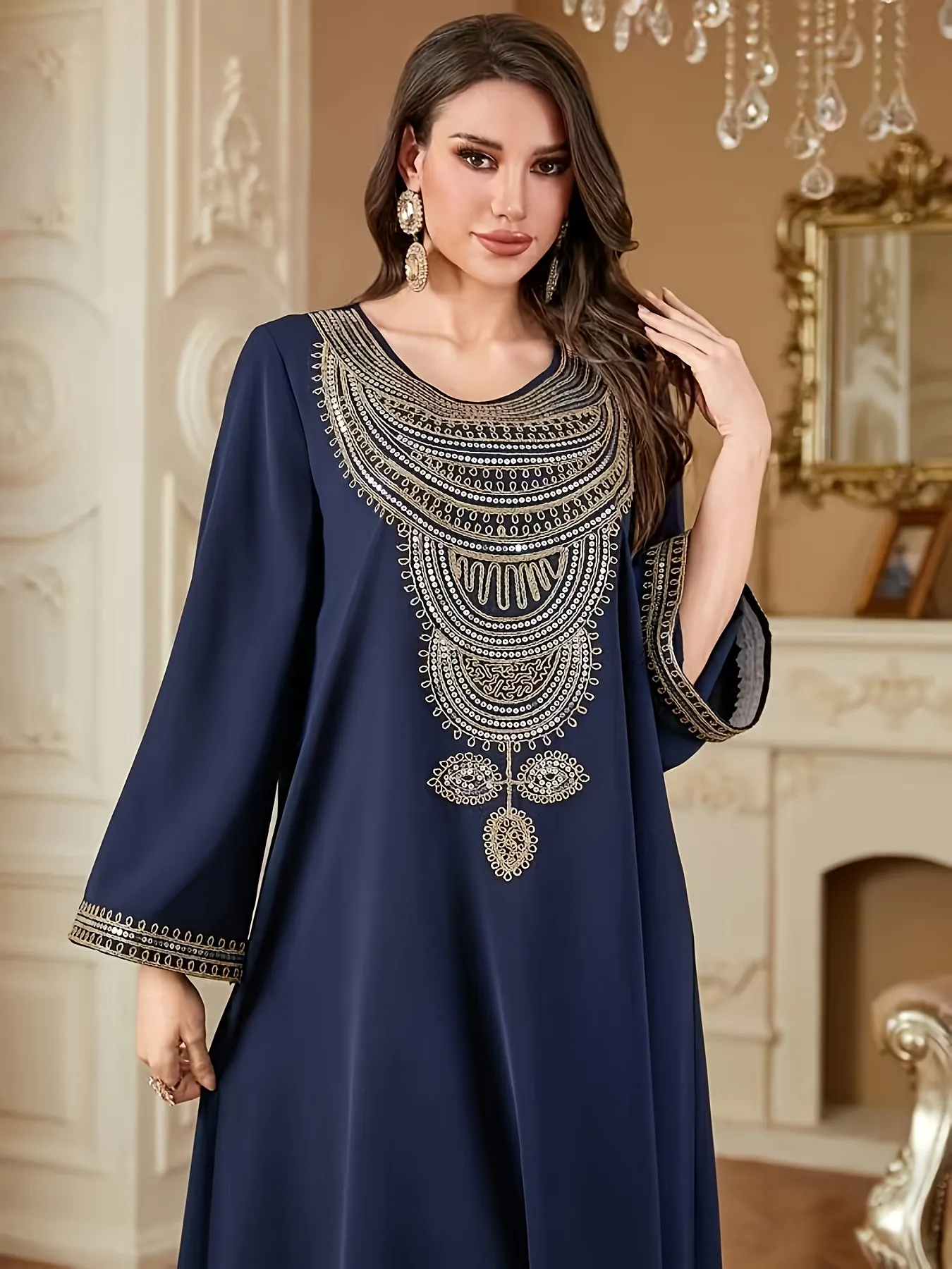 Plus Size Kaftan Dress-Vintage-Inspired Flower Print Delicate Details Long Sleeves Crew