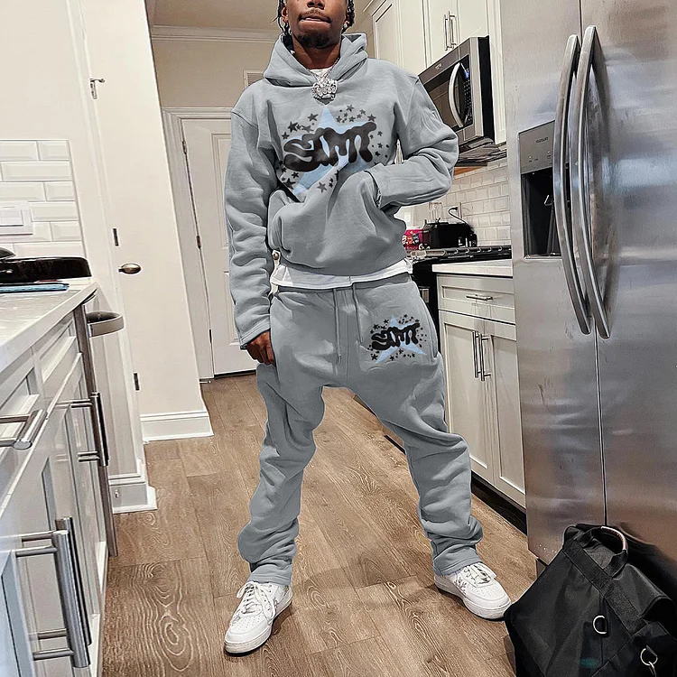 Personalized Street Style Star Hip Hop Hoodie & Flared Trousers Two Piece Set