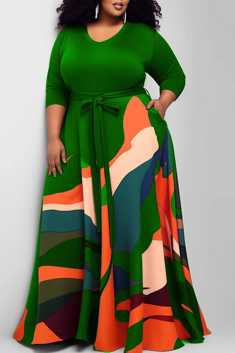 Xpluswear Design Plus Size Casual Dress Green All Over Print Round-Neck Knitted Maxi Dress With Pocket