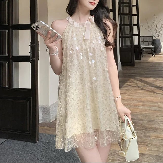 Sequined Loose Halterneck Mesh Dress