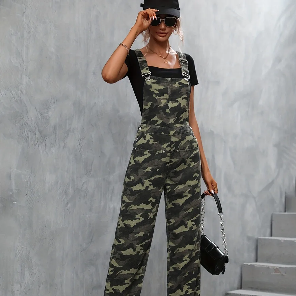 Wlmerlist Women's New Spring Street Fashion Camo Adjustable Suspenders with Large Pockets，Simple Denim Jumpsuit Straight-leg Pants Y2k