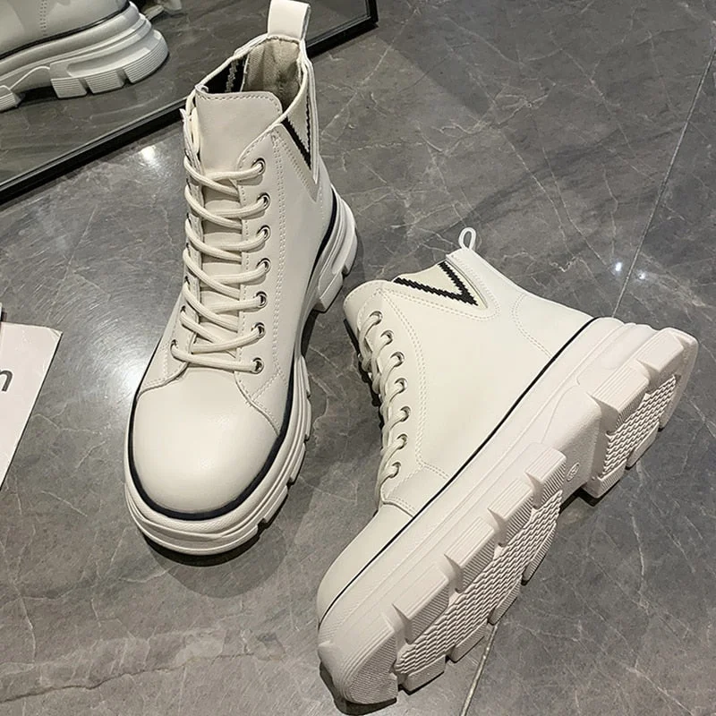 Black White Platform Boots Women 2021 Fashion Chunky Ankle Boots For Women Shoes Designer Punk PU Leather Combat Boots Female