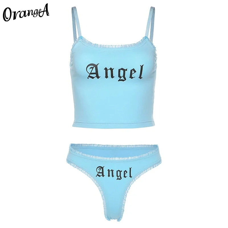 OrangeA cotton letter print camisole crop top two piece set women lace beach style 2021 summer vacation female outfit streetwear